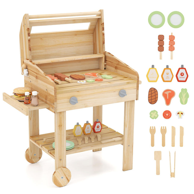 Costzon Kids Grill Playset with Wheels, Wooden Kids BBQ Grill Playset with Play Food（With Wheels）