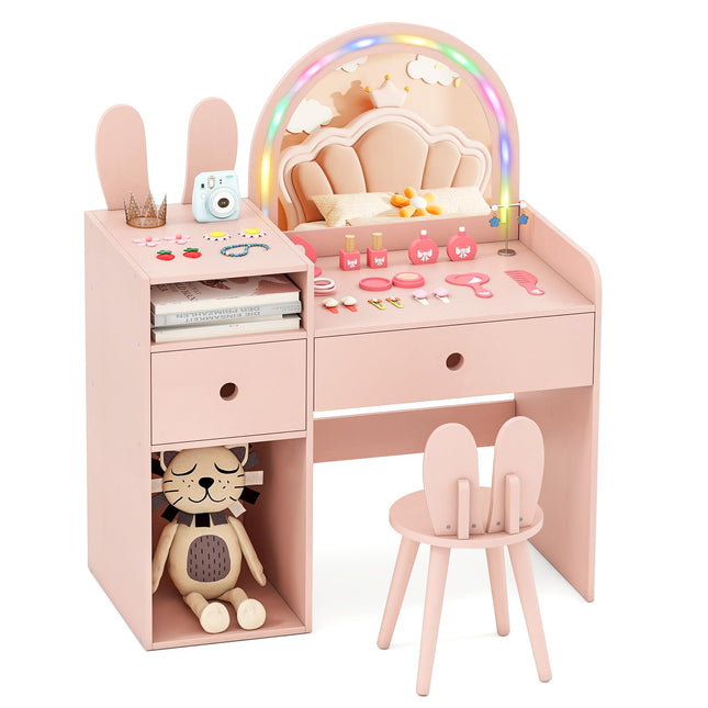 Costzon Girls Vanity Set with Mirror and Stool and Lights