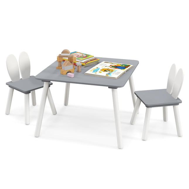Costzon Kids Table and Chair Set, 3 Pieces Wooden Activity Play Table & 2 Cute Rabbit, Solid Wood Legs
