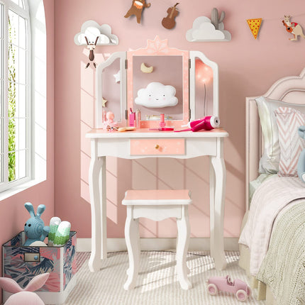 Costzon Kids Vanity Table and Chair Set, Girls Vanity Set with Mirror and Stool, Pretend Play Vanity Set for Little Girls