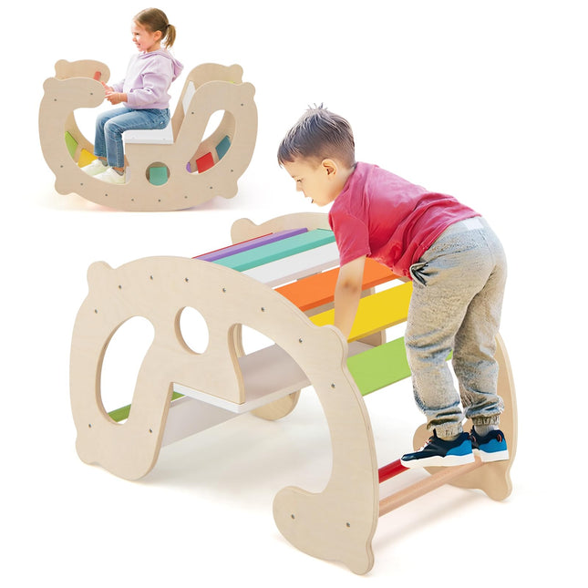 Costzon 2-in-1 Toddler Rocking Arch, Montessori Climbing Set & Wooden Rocking Horse Toy with Backrest & Seat