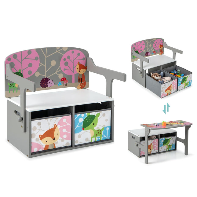 Costzon Kids Table and Chair Set, Convertible Toy Storage Bench with 2 Removable Fabric Bins