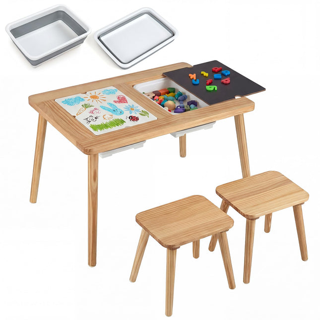 Costzon Wooden Sensory Table and Chairs w/Double-Sided Boards & 2 Foldable Storage Bins