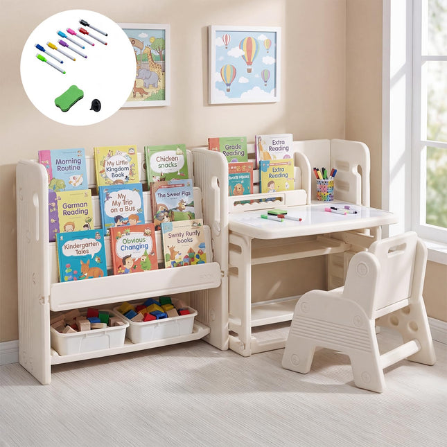 Costzon Toddler Table and Chair Set | Art Desk Set w/Side Bookshelves