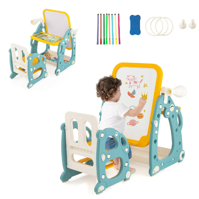 Costzon 4 in 1 Kids Art Easel, Kids Table and Chair Set with Adjustable Whiteboard, Easel for Toddlers