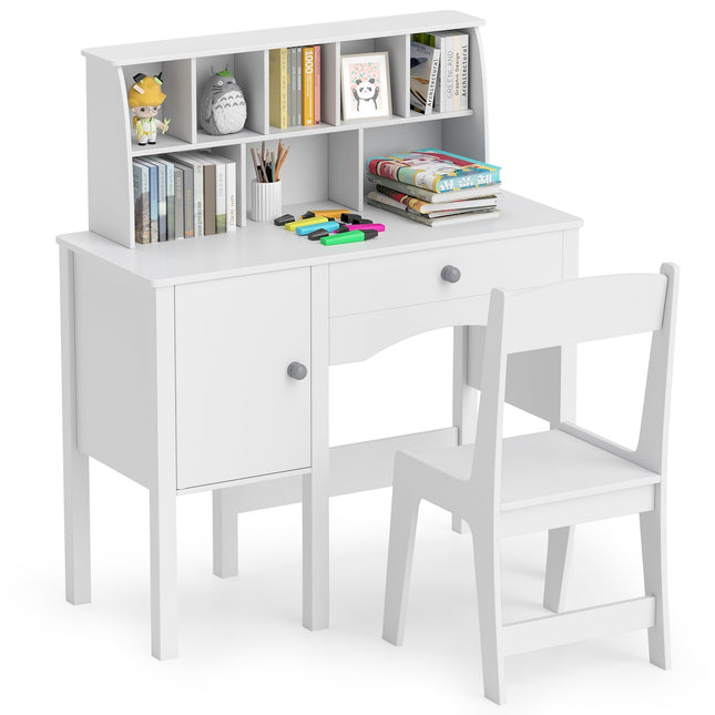 Costzon Kids Desk and Chair Set, Wooden Kids Study Desk with Hutch
