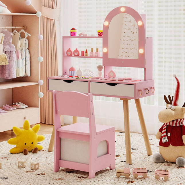 Costzon Kids Vanity with Lights Wooden Kids Vanity Table and Chair Set