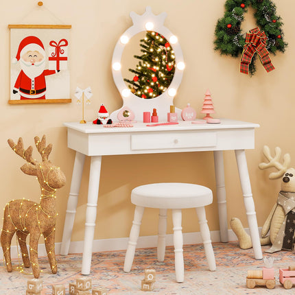 Costzon Kids Vanity, Girls Vanity Set with Mirror and Stool and Lights, Drawer, Pretend Play Kids Vanity Table and Chair Set