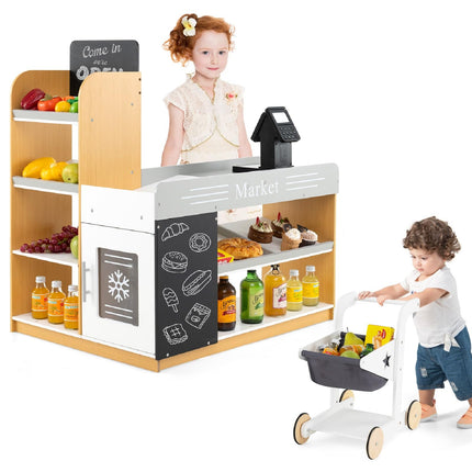 Costzon Grocery Store Pretend Play, Wooden Play Store with Shopping Cart( 31" x 23" x 35"）