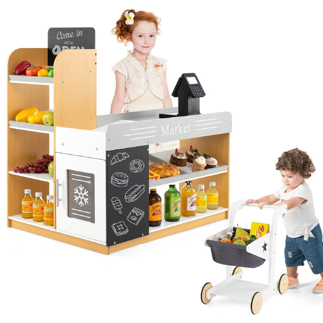 Costzon Grocery Store Pretend Play, Wooden Play Store with Shopping Cart( 31" x 23" x 35"）