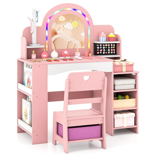 Costzon Wooden Kids Vanity Table and Chair Set with Lighted Mirror Bookshelf Jewelry Storage