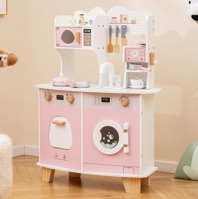 Costzon Play Kitchen, Wooden Toy Kitchen Set with Coffee Maker Playset