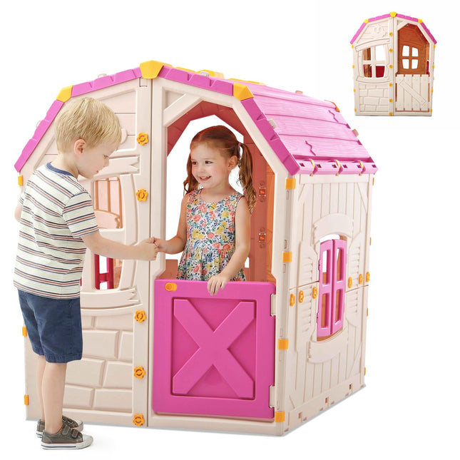 Costzon Kids Outdoor Playhouse with Openable Windows and Door