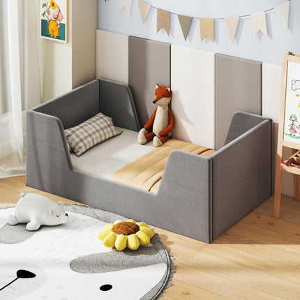 Costzon Toddler Bed Soft Velvet Fabric Upholstered Children Floor Bed Frame