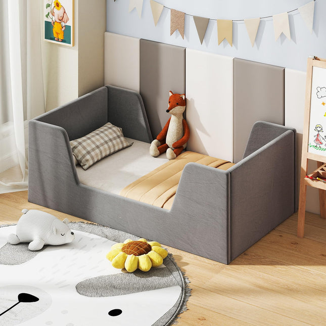 Costzon Toddler Bed Soft Velvet Fabric Upholstered Children Floor Bed Frame