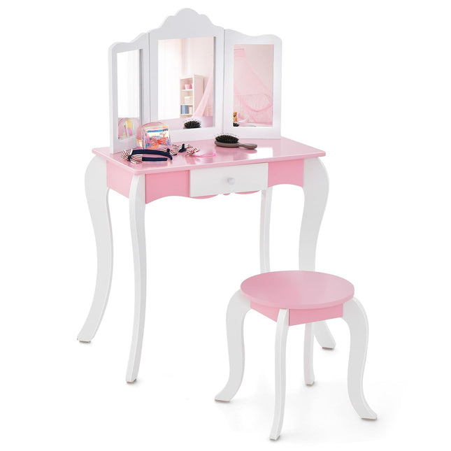 Costzon Kids Vanity Table and Chair Set, Girls Vanity Set with Mirror and Stool, Storage Drawer