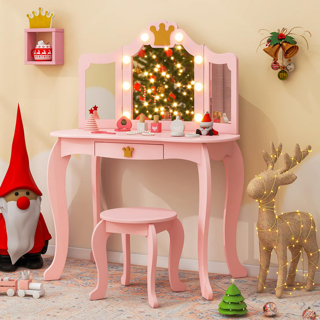 Costzon Kids Vanity with Lights, Girls Vanity Set with Mirror and Stool, Drawer, 2 in 1 Princess Makeup Desk Dressing Table