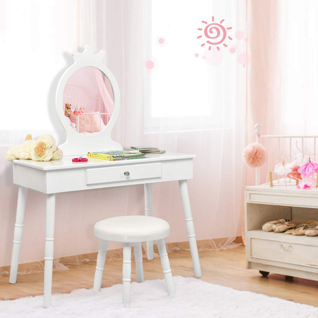 Costzon Kids Vanity Set, Wooden Princess Makeup Table with Cushioned Stool