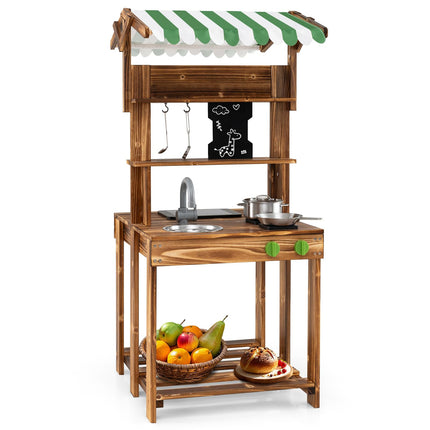 Double Sided Outdoor Play Kitchen and Barbecue Grill Playset with Canopy