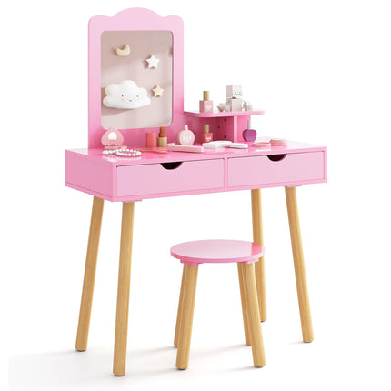 Costzon Kids Vanity Set, Girls Vanity Set with Mirror and Stool, Wooden Princess Makeup Dressing Table