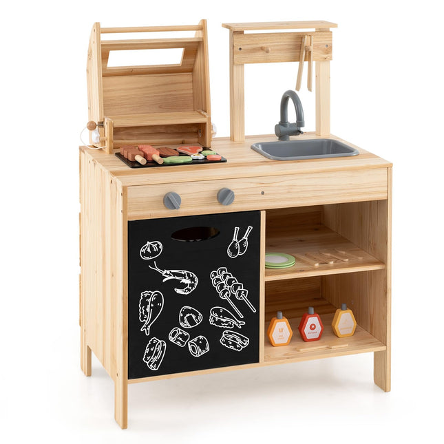 Costzon Kids Grill Playset with Chalkboard, Wooden Kids BBQ Grill Playset with Play Food（With Blackboard）