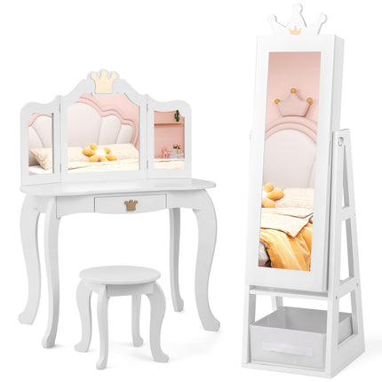 Costzon Kids Vanity & Jewelry Armoire Cabinet, Pretend Play Wooden Kids Vanity Table and Chair Set