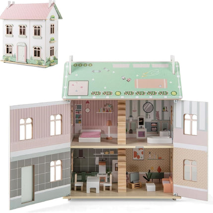 Costzon Wooden Dollhouse for Kids, 3-Level Dollhouse Playset with Double-Sided Roofs