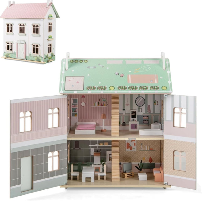 Costzon Wooden Dollhouse for Kids, 3-Level Dollhouse Playset with Double-Sided Roofs