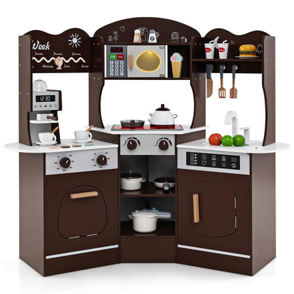 Costzon Corner Play Kitchen, Wooden Kids Kitchen Playset with Lights & Sound