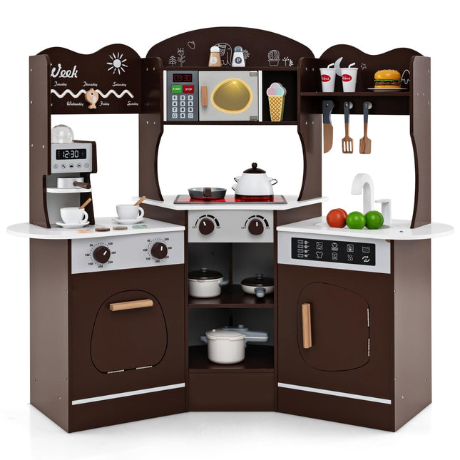 Costzon Corner Play Kitchen, Wooden Kids Kitchen Playset with Lights & Sound