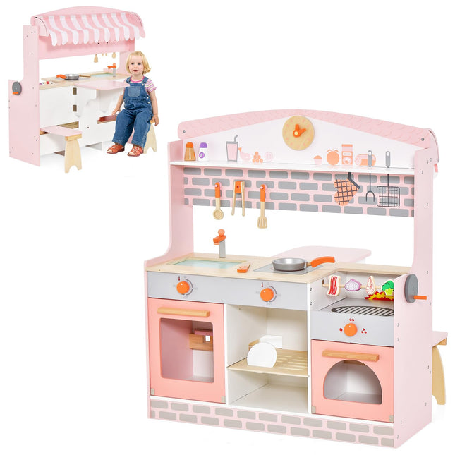 Costzon Double-Sided Play Kitchen & Restaurant Toy Set, 2 in 1 Wooden Pretend Diner Set