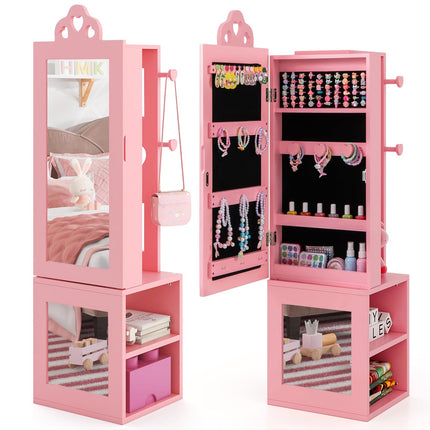 Costzon Kids Jewelry Armoire Cabinet, 46" Standing Jewelry Organizer with Full-Length Mirror
