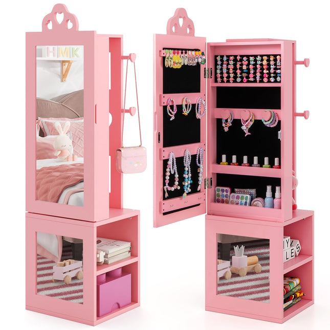 Costzon Kids Jewelry Armoire Cabinet, 46" Standing Jewelry Organizer with Full-Length Mirror