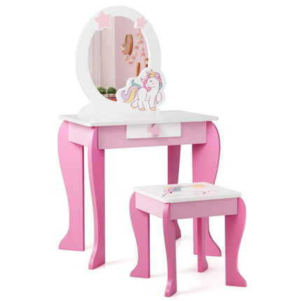 Costzon Kids Vanity Set with Mirror, 2 in 1 Wooden Princess Makeup Dressing Table with Detachable Top