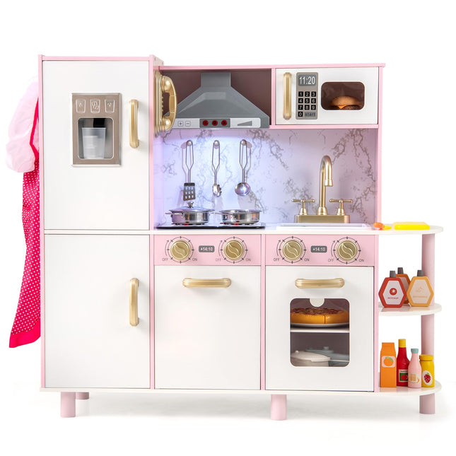 Costzon Kids Kitchen Playset, Wooden Pretend Play Kitchen with Ice Maker, Telephone, Range Hood