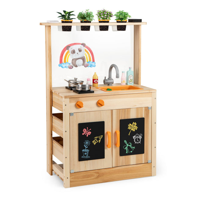 Costzon Mud Kitchen, Fir Wood Outdoor Play Kitchen with 4 Planting Pots, Stoves, Removable Sink