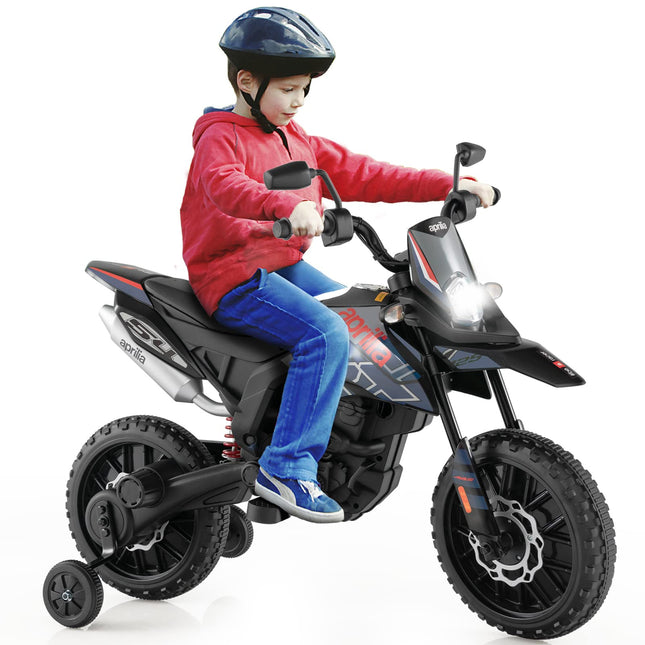 Costzon 12V Kids Motorcycle with Training Wheels, Licensed Aprilia Battery Powered Toddler Motorbike, Electric Dirt Bike for Boys Girls