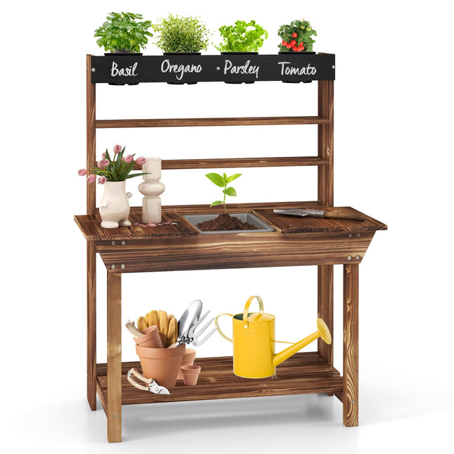 Costzon Kids Potting Bench, Wood Toy Gardening Center with 4 Pots, Mud Kitchen for Kids Outdoor Play Kitchen