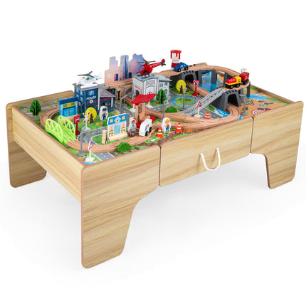 Costzon 110-Piece Wooden Train Table with Drawer for 3+ Years Old Toddlers