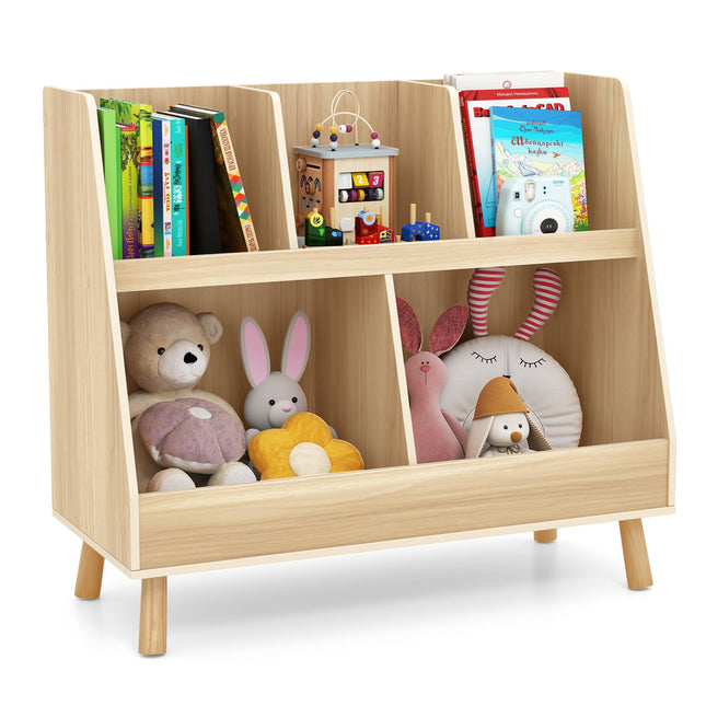 Costzon Toy Organizers and Storage with Bookshelf, 5 Cubbies Wooden Toy Cabinet and Montessori Bookcase with Solid Legs