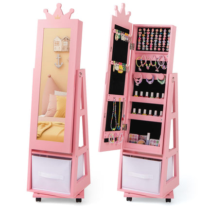 Costzon Kids Jewelry Armoire, 360° Swivel Jewelry Cabinet with Full Length Mirror