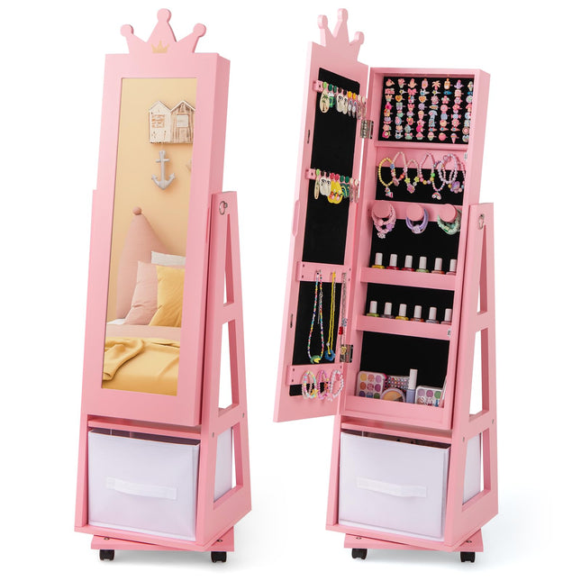 Costzon Kids Jewelry Armoire, 360° Swivel Jewelry Cabinet with Full Length Mirror