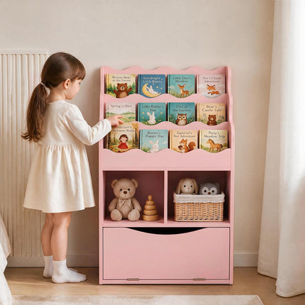 Costzon Kids 3-Tier Bookshelf with Cubes & Flip Down Cabinet
