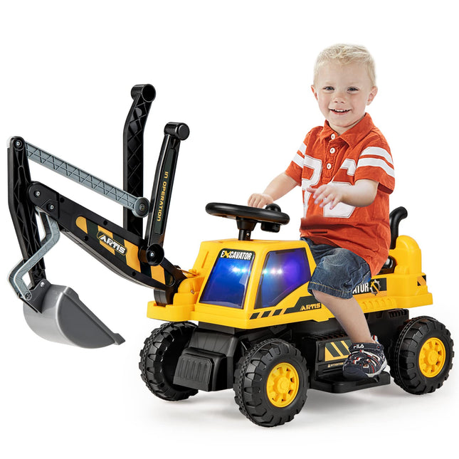 Costzon Ride on Excavator, 6V Battery Powered Digger with Under Seat Storage, Music, LED Lights