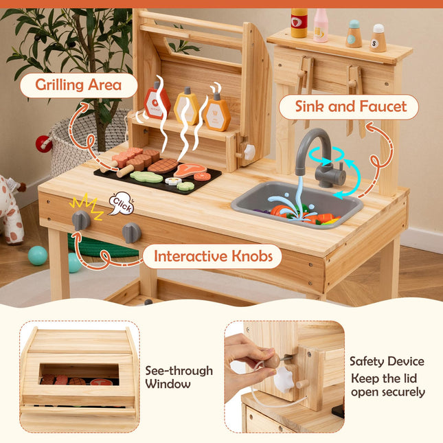 Costzon Kids Grill Playset, Wooden Kids BBQ Grill Playset with Play Food（With Shelf）