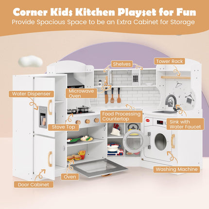 Costzon Kids Corner Kitchen Playset, Wooden Play Kitchen, Little Chef Pretend Cooking Toy Set