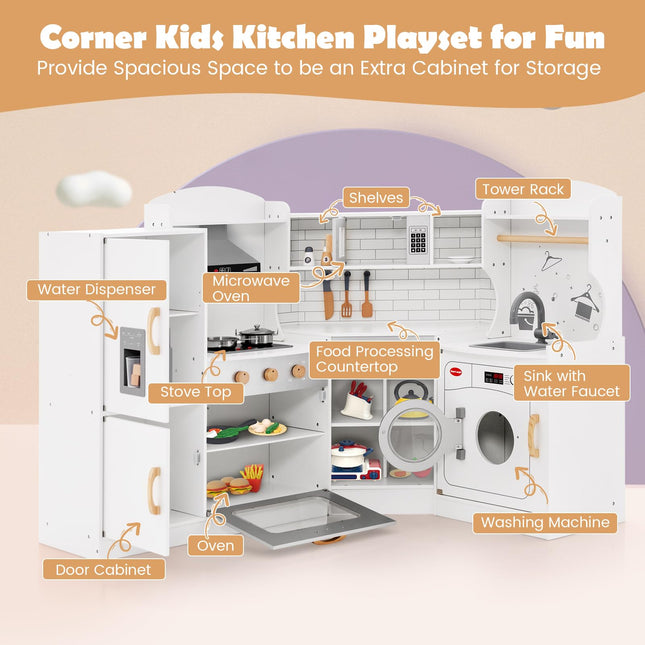 Costzon Kids Corner Kitchen Playset, Wooden Play Kitchen, Little Chef Pretend Cooking Toy Set