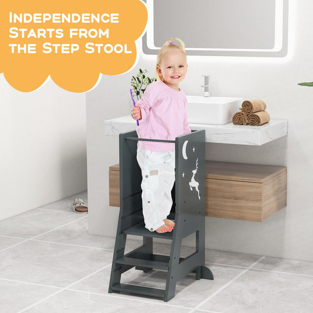Costzon Toddler Tower, Wooden Kids Kitchen Stool Helper with Height Adjustable Platform, Safety Rail