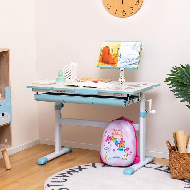 Costzon Kids Desk, Ergonomic Height-Adjustable Children Study Table w/Tiltable Desktop & Book Stand