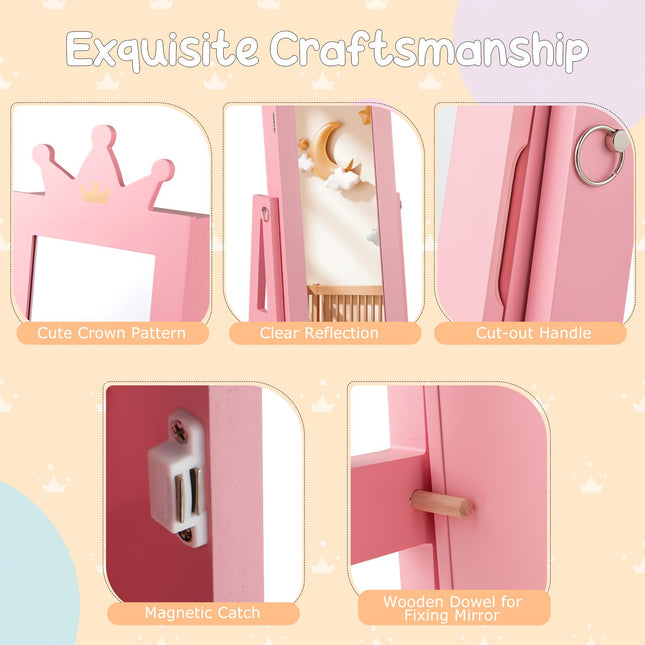 Costzon Kids Jewelry Armoire, 360° Swivel Jewelry Cabinet with Full Length Mirror